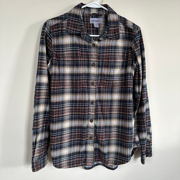 Carhartt Woman's Plaid Flannel Shirt Button Front Long Sleeve SMALL Brown Blue - Picture 3 of 9